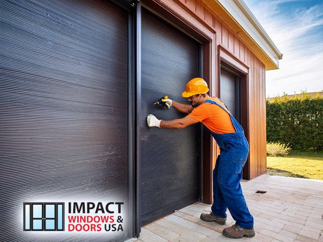 male professional handyman technician working performing installation of impact doors to building